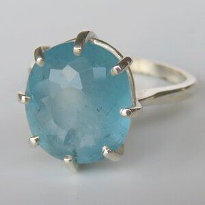 Large Natural Blue Aquamarine In Sterling Silver Ring, 8.22Ct. Size 8